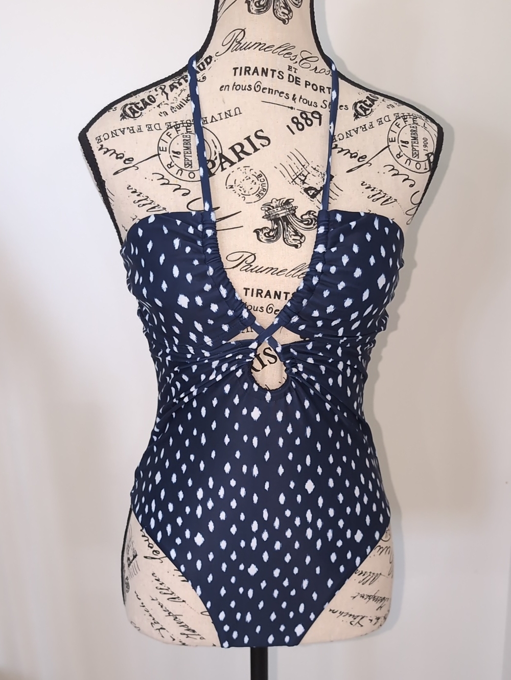 NAUTICA | Women's Navy/White Dot Keyhole Halter One Piece Full Coverage Swimsuit